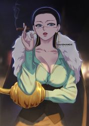 Rule 34 | 1girl, absurdres, black hair, blue eyes, breasts, cape, cigar, cleavage cutout, clothing cutout, crocodile (one piece), female focus, formal, genderswap, genderswap (mtf), highres, hook, hook hand, jacket, large breasts, lipstick, looking at viewer, makeup, one piece, ornament, scar, scar on face, solo, suit