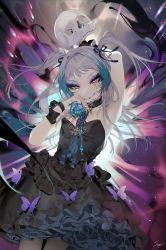Rule 34 | 1boy, absurdres, arm up, armpits, bad id, bad twitter id, bare shoulders, black dress, black ribbon, blue hair, blue nails, bug, butterfly, collar, commentary, cowboy shot, die (ohisashiburi), dress, dripping, eyeshadow, food, frilled dress, frills, fruit, grey hair, hair ornament, hair ribbon, hand to own mouth, highres, holding, holding food, holding fruit, holding skull, insect, long hair, looking at viewer, makeup, male focus, mascara, multicolored hair, nail art, nail polish, ohisashiburi, original, petticoat, pomegranate, red eyes, ribbon, scissors, scissors hair ornament, signature, skull, smile, solo, standing, strapless, strapless dress, streaked hair, symbol-only commentary, trap, triangle, tsurime, two side up, wrist ribbon