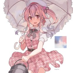 Rule 34 | 1girl, belt, belt buckle, beret, black belt, blush, buckle, buttons, collared shirt, cowboy shot, dress, gradient hair, hair between eyes, harusame (kancolle), hat, highres, holding, holding umbrella, kantai collection, long hair, multicolored hair, official alternate costume, open mouth, pink dress, pink eyes, pink hair, puffy short sleeves, puffy sleeves, shirt, short sleeves, side ponytail, smile, solo, sugue tettou, twitter username, umbrella, white hat, white shirt