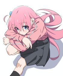 Rule 34 | 1girl, absurdres, black skirt, blue eyes, blush, bocchi the rock!, commentary, crossed arms, cube hair ornament, expressionless, eyes visible through hair, gotoh hitori, hair between eyes, hair ornament, hair spread out, highres, jacket, knee up, long hair, long sleeves, looking at viewer, miniskirt, oekakiism, one side up, pink hair, pleated skirt, purple jacket, school uniform, simple background, sitting, skirt, solo, upturned eyes, very long hair, white background