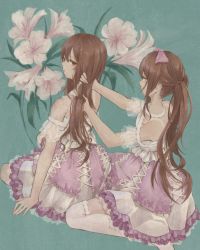 Rule 34 | 2girls, absurdres, aqua background, bare shoulders, bow, brown eyes, brown hair, dress, flower, hair bow, hands in hair, highres, idolmaster, idolmaster shiny colors, kinakojojo, kneeling, long hair, looking at another, multiple girls, osaki amana, osaki tenka, open mouth, pink bow, pink dress, pink flower, seiza, siblings, sisters, sitting, thighhighs, twins, twintails, white legwear