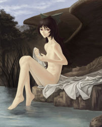 Rule 34 | 1girl, bad id, bad pixiv id, barefoot, brown eyes, censored, convenient censoring, empty eyes, feet, female focus, full body, grass, kuyama516, nature, nude, outdoors, red eyes, reiuji utsuho, sitting, soaking feet, solo, touhou, tree, water, wings