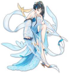 Rule 34 | 1girl, artist request, bird, black hair, blue dress, blue eyes, blue hair, book, cockatiel, dress, expressionless, full body, hair ornament, highres, holding, holding book, mahjong soul, multicolored hair, official art, qing luan, skinny, solo, transparent background