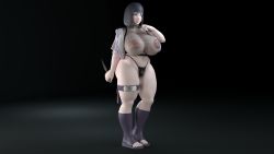 Rule 34 | 1girl, 3d, black background, black hair, blush, breasts, curvy, fishnet top, fishnets, highres, huge breasts, hyuuga hinata, kunai, large areolae, large nipples, purple eyes, naruto (series), nipples, puffy nipples, short hair, solo, standing, thick thighs, thighs, weapon