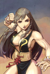Rule 34 | 1girl, alternate hair length, alternate hairstyle, bad id, bad pixiv id, black dress, bracelet, braid, breasts, brown eyes, brown hair, capcom, china dress, chinese clothes, chun-li, cleavage, dress, fighting stance, hair down, highres, jewelry, large breasts, long hair, looking at viewer, no bra, official alternate costume, parted lips, sash, side braid, side slit, sideboob, solo, spiked bracelet, spikes, street fighter, street fighter v, toned, twin braids, yama tatsuo