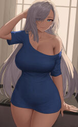 Rule 34 | 1girl, arm behind head, arm up, backlighting, bare shoulders, blue eyes, blue shirt, blush, breasts, cleavage, collarbone, covered navel, genshin impact, hair over one eye, highres, large breasts, long hair, looking at viewer, off-shoulder shirt, off shoulder, shenhe (genshin impact), shirt, short sleeves, smile, solo, thighs, very long hair, white hair, zaphn