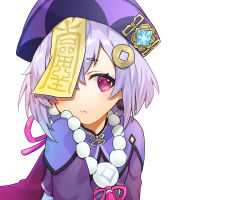 Rule 34 | 1girl, absurdres, bead necklace, beads, cape, coin hair ornament, commentary request, earrings, genshin impact, hair ornament, hat, highres, jewelry, jiangshi, long hair, long sleeves, looking at viewer, necklace, ofuda, purple eyes, purple hair, qingdai guanmao, qiqi (genshin impact), sidelocks, simple background, solo, tutimaru0730, white background