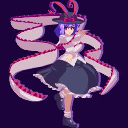 Rule 34 | 1girl, black background, black footwear, black hat, black skirt, bow, capelet, frilled capelet, frilled shawl, frilled skirt, frills, hat, hat bow, long sleeves, looking at viewer, loose socks, lowres, nagae iku, open mouth, potemki11, purple background, purple hair, red bow, red eyes, shawl, shirt, short hair, simple background, skirt, socks, solo, source request, standing, standing on one leg, touhou, white capelet, white legwear, white shirt