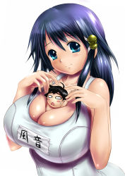 Rule 34 | 1boy, 1girl, bell, between breasts, blue eyes, blush, blush stickers, breasts, cleavage, hair bell, hair ornament, highres, huge breasts, kazane hiyori, long hair, mini person, miniboy, moriichi, one-piece swimsuit, open mouth, person between breasts, sakurai tomoki, school swimsuit, smile, sora no otoshimono, swimsuit, white one-piece swimsuit, white school swimsuit