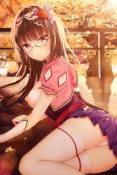 Rule 34 | 1girl, absurdres, angry, ass, autumn, black-framed eyewear, black hair, blush, breasts, fate/grand order, fate (series), glasses, hairband, highres, junpaku karen, large breasts, lens flare, long hair, looking at viewer, low twintails, osakabehime (fate), panties, pantyshot, porch, purple eyes, semi-rimless eyewear, skirt, solo, thighhighs, twintails, under-rim eyewear, underwear, white panties, white thighhighs