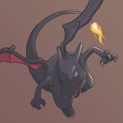 Rule 34 | alternate color, brown background, brown eyes, charizard, claws, commentary request, creatures (company), fang, fire, fire, game freak, gen 1 pokemon, highres, nintendo, no humans, open mouth, pokemon, pokemon (creature), sawa (soranosawa), shiny pokemon, simple background, solo, tongue, tongue out