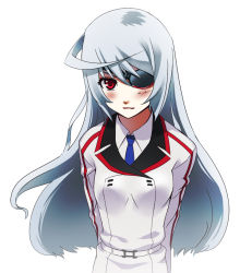 Rule 34 | 10s, 1girl, arms behind back, blush, eyepatch, female focus, gogochi, grey hair, infinite stratos, laura bodewig, long hair, red eyes, school uniform, simple background, solo, white background