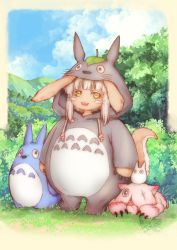 Rule 34 | 1other, :3, :d, animal ears, bush, cloud, cosplay, creature, crossover, day, drawstring, ears down, fake animal ears, furry, highres, hood, hood up, horizontal pupils, kodue55, leaf, leaf on head, long sleeves, made in abyss, mitty (made in abyss), nanachi (made in abyss), nature, open mouth, outside border, rabbit ears, rounded corners, short hair with long locks, sidelocks, sky, smile, standing, studio ghibli, tail, tonari no totoro, totoro, totoro (cosplay), tree, whiskers, white hair