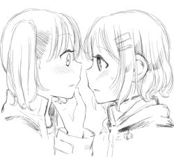 Rule 34 | 10s, 2girls, ^^^, animated, animated gif, blush, closed eyes, from side, greyscale, grin, hair ornament, hairclip, holding hands, interlocked fingers, kiss, kuraue hinata, long sleeves, looking at another, monochrome, multiple girls, nebukuro, open mouth, profile, short hair, sketch, smile, sweat, tongue, tongue out, trembling, upper body, wavy mouth, yama no susume, yukimura aoi, yuri