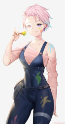 Rule 34 | 1girl, airani iofifteen, alternate hair length, alternate hairstyle, asymmetrical sleeves, blue overalls, breasts, candy, commentary, earrings, food, highres, holding, holding candy, holding food, holding lollipop, hololive, hololive indonesia, jewelry, light, lollipop, medium breasts, off-shoulder shirt, off shoulder, overalls, paint on clothes, pink hair, pouch, purple eyes, shirt, short hair, signature, sleeves past wrists, smile, solo, tungsten (kwfr4544), virtual youtuber