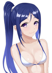Rule 34 | 1girl, absurdres, artist name, artist request, bare shoulders, bikini, blue hair, blush, breasts, close-up, collarbone, female focus, hair between eyes, high ponytail, highres, long hair, looking at viewer, love live!, love live! sunshine!!, matsuura kanan, medium breasts, parted lips, ponytail, purple eyes, smile, solo, string bikini, swimsuit, upper body, wet, wet bikini, wet hair, white background, white bikini