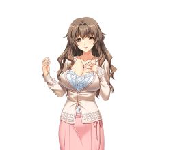 Rule 34 | 1girl, asatsuyu sayoko, breasts, brown hair, cleavage, cowboy shot, eyebrows, game cg, jewelry, kuroda akimi, large breasts, long hair, long skirt, long sleeves, looking at viewer, mole, mole under mouth, necklace, original, pink skirt, ring, simple background, skirt, solo, standing, tsumamigui 3, wedding ring, white background, yellow eyes