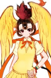 Rule 34 | 1girl, bird girl, bird wings, black hair, bow, bowtie, cardigan, feathered wings, head wings, hi no tori (kemono friends), ise (0425), kemono friends, long hair, looking at viewer, multicolored hair, red eyes, red hair, ribbon, shirt, simple background, skirt, smile, solo, two-tone hair, wings, wristband, yellow wings