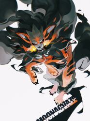Rule 34 | animal focus, black sclera, breath weapon, breathing fire, colored sclera, commentary request, creatures (company), fire, game freak, highres, hisuian arcanine, moonagvaze, nintendo, no humans, open mouth, pokemon, pokemon (creature), red eyes, solo, teeth, white background