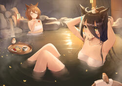 Rule 34 | 2girls, absurdres, adjusting hair, agnes tachyon (umamusume), ahoge, alternate costume, animal ears, arms up, bare shoulders, bathing, bird, breasts, brown hair, chemical structure, chestnut mouth, closed eyes, closed mouth, coffee cup, collarbone, commentary request, cup, disposable cup, earrings, eurasian tree sparrow, floating tray, fritz614, hair between eyes, highres, holding, holding cup, horse ears, horse girl, jewelry, knees up, manhattan cafe (umamusume), medium breasts, multicolored hair, multiple girls, naked towel, onsen, open mouth, petals, ponytail, short hair, single earring, sitting, small breasts, sparrow, steam, streaked hair, teacup, towel, tray, umamusume, water, white hair, white towel, yellow eyes