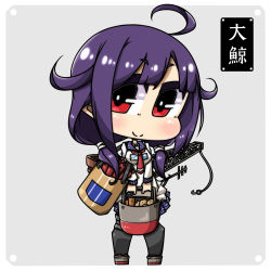 Rule 34 | 10s, 1girl, ahoge, chibi, hair flaps, highres, kantai collection, looking at viewer, low twintails, machinery, pantyhose, purple hair, red eyes, school uniform, serafuku, shokuyou pants, smile, solo, taigei (kancolle), twintails