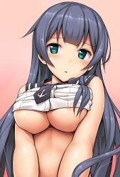 Rule 34 | 10s, 1girl, agano (kancolle), areola slip, black hair, blush, breasts, cleavage, clothes lift, gradient background, green eyes, kantai collection, large breasts, long hair, no bra, shiny skin, shirt lift, simple background, solo, takayaki, underboob, upper body