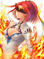 Rule 34 | 1girl, bad id, bad pixiv id, breasts, cleavage, earrings, fire, gradient hair, green hair, hanasaki komugi, highres, jewelry, mask, medium breasts, multicolored hair, parted lips, ponytail, red hair, seres (tales), short hair, simple background, solo, tales of (series), tales of berseria, upper body, white background