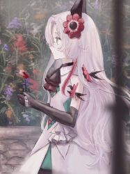 Rule 34 | 1girl, absurdres, ascot, creature, dress, elbow gloves, expressionless, familiar, flower, gloves, grey dress, grey eyes, grey hair, hair flower, hair ornament, headgear, highres, holding, holding flower, isekai joucho, kamitsubaki studio, long hair, looking to the side, multicolored hair, profile, red flower, red hair, ria (rian 0210), solo, two-tone hair, very long hair, virtual youtuber
