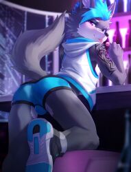 Rule 34 | 1boy, absurdres, alcohol, animal ears, arm tattoo, bar (place), bar stool, bare shoulders, bishounen, blue hair, blush, body writing, bulge, candy, commentary, food, furry, furry male, grey fur, grey hair, highres, jacket, lollipop, looking at viewer, madaato (psgw3383), male focus, male underwear, multicolored hair, open mouth, original, red eyes, saliva, saliva trail, smile, solo, stool, streaked hair, symbol-only commentary, tail, tattoo, tavern, two-tone hair, underwear, white jacket, wolf boy, wolf ears, wolf tail