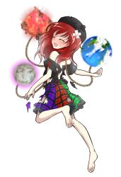 Rule 34 | 1girl, ^ ^, after battle, alphes (style), bandages, barefoot, blush, closed eyes, dairi, earth (ornament), feet, full body, hat, hecatia lapislazuli, moon (ornament), multicolored clothes, multicolored skirt, off-shoulder shirt, off shoulder, parody, red hair, shirt, skirt, soles, solo, style parody, sweatdrop, tachi-e, toes, torn clothes, torn shirt, torn skirt, touhou, transparent background
