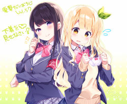 Rule 34 | 2girls, armband, black hair, blazer, blonde hair, blue jacket, blush, bow, bow panties, breasts, brown eyes, chikuwa., closed mouth, collarbone, commentary request, copyright request, dress shirt, flying sweatdrops, green ribbon, grey skirt, hair ribbon, hand up, head tilt, holding, holding clothes, holding panties, holding underwear, jacket, long hair, looking at viewer, medium breasts, multiple girls, one side up, open clothes, open jacket, panties, unworn panties, plaid, plaid skirt, pleated skirt, purple eyes, ribbon, school uniform, shirt, skirt, small breasts, smile, sparkle, sweater, translation request, underwear, very long hair, white panties, white shirt
