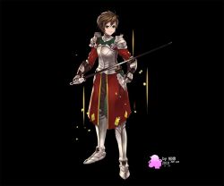 Rule 34 | androgynous, armor, artist name, black background, boots, brown hair, dated, full body, gauntlets, gender request, green eyes, grey footwear, holding, holding sword, holding weapon, knife, knight, original, sheath, sheathed, short hair, solo, standing, sword, weapon, zhi xu