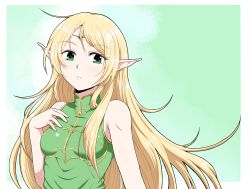 Rule 34 | 1girl, bare arms, bare shoulders, blonde hair, breasts, circlet, collarbone, deedlit, dress, elf, green background, green dress, green eyes, hand up, highres, kyo9999, long hair, looking at viewer, parted lips, pointy ears, record of lodoss war, sleeveless, sleeveless dress, small breasts, solo, upper body, very long hair