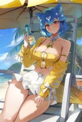 Rule 34 | 1girl, absurdres, animal ears, bao (vtuber), bao (vtuber) (5th costume), beach, beach chair, beach umbrella, blue hair, blue sky, blush, bottle, breasts, camisole, cleavage, cloud, cloudy sky, commentary, day, detached collar, detached sleeves, drink, eyewear hang, unworn eyewear, feet out of frame, food, fruit, glasses, green nails, highres, holding, holding bottle, holding drink, indie virtual youtuber, jewelry, large breasts, liquid hair, looking at viewer, maenoo, midriff, miniskirt, multicolored hair, multicolored nails, nail polish, necklace, official alternate costume, orange (fruit), outdoors, panties, parted lips, pleated skirt, ramune, red eyes, ribbed sleeves, short hair, sitting, skirt, sky, smile, solo, strap slip, surfboard, sweat, symbol-only commentary, thighs, umbrella, underwear, virtual youtuber, whale girl, white panties, white skirt, yellow camisole, yellow nails