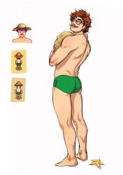 Rule 34 | 1boy, absurdres, ass, bara, beard, character request, facial hair, from behind, full body, glasses, green male swimwear, highres, looking at viewer, male focus, male swimwear, mature male, reference inset, short hair, smokerichi, solo, standing, stardew valley, swim briefs, thick beard, thick mustache, toned, toned male, topless male