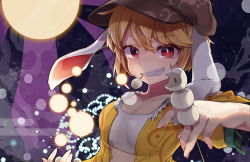Rule 34 | 1girl, blonde hair, breasts, brown hat, cleavage, crop top, dango, danmaku, flat cap, food, grin, hair between eyes, hat, highres, looking at viewer, medium breasts, midriff, mouth hold, open clothes, open shirt, red eyes, ringo (touhou), ryura (negi-mamire), shirt, short hair, short sleeves, smile, solo, tank top, teeth hold, touhou, upper body, wagashi, white tank top, yellow shirt
