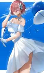 Rule 34 | 1girl, balloon, bare shoulders, breasts, cleavage, collarbone, dress, fate/grand order, fate (series), faton, gloves, hair over one eye, highres, light purple hair, looking at viewer, mash kyrielight, mash kyrielight (formal dress), medium breasts, official alternate costume, purple eyes, short hair, smile, solo, thighs, white dress, white gloves