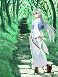 Rule 34 | 1girl, absurdres, elf, flower, forest, grass, highres, japanese clothes, kimono, long hair, looking back, nature, nonburn, obi, pavement, pointy ears, red eyes, sash, silver hair, solo, stairs, tree, white kimono