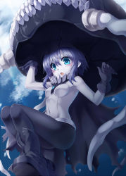 Rule 34 | 10s, 1girl, aqua eyes, arm up, black gloves, black legwear, blue sky, bodysuit, boots, cloud, gloves, hat, kantai collection, monster girl, open mouth, oukawa yuu, silver hair, sky, solo, tentacles, wo-class aircraft carrier