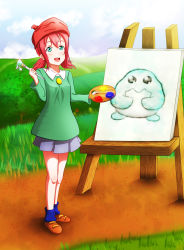 Rule 34 | 1girl, adeleine (cosplay), aqua eyes, artist name, artist request, bare legs, blue sky, blush, breasts, brown footwear, cloud, cosplay, day, female focus, full body, green eyes, green shirt, grey skirt, hair between eyes, hat, highres, holding, holding paintbrush, kirby (series), kirby 64, kurosawa ruby, looking at viewer, love live!, love live! sunshine!!, nintendo, outdoors, paintbrush, parted lips, red hair, red hat, rojokyd, shirt, shoes, short hair, skirt, sky, small breasts, smile, solo