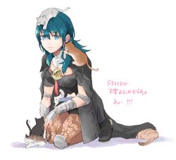 Rule 34 | 1girl, animal, animal on head, armor, black shorts, blue eyes, blue hair, byleth (female) (fire emblem), byleth (fire emblem), cat, cat on head, closed mouth, fire emblem, fire emblem: three houses, nintendo, on head, pantyhose, robaco, shorts, simple background, smile, solo, white background