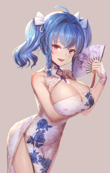 Rule 34 | 1girl, :d, ahoge, azur lane, bare shoulders, blue hair, braid, breast hold, breasts, brown background, china dress, chinese clothes, cleavage, cleavage cutout, clothing cutout, covered erect nipples, dolce (dolsuke), dress, floral print, folding fan, hair ribbon, hand fan, holding, large breasts, open mouth, pelvic curtain, pink eyes, ribbon, shiny skin, simple background, sleeveless, sleeveless dress, smile, solo, st. louis (azur lane), st. louis (blue and white pottery) (azur lane), twin braids, twintails, white dress