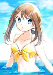Rule 34 | 1girl, absurdres, bad id, bad pixiv id, bikini, blue eyes, bow, breasts, brown hair, collarbone, creatures (company), day, game freak, highres, long hair, may (pokemon), navel, nintendo, open mouth, outdoors, partially submerged, pokemon, pokemon rse, sketch, small breasts, solo, sunlight, swimsuit, upper body, yellow bikini, yellow bow, yuihico