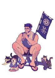 Rule 34 | 1boy, animal ears, banner, bara, bare shoulders, beard, bespectacled, black male underwear, boxers, cat, cat boy, cat ears, cat tail, drinking, facial hair, fish in mouth, full body, glasses, highres, kuroshima kurishiro (muyi24108414), leg hair, looking to the side, male focus, male underwear, mature male, multiple cats, muscular, muscular male, mustache, original, purple tank top, sandals, short hair, sitting, solo, stretching, tail, tank top, thick eyebrows, thighs, undercut, underwear, white background, yawning
