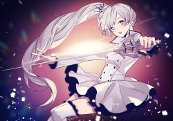 Rule 34 | 1girl, dress, ecru, floating hair, grey eyes, hair ornament, holding, holding sword, holding weapon, long hair, long sleeves, looking at viewer, myrtenaster, open mouth, pleated dress, rwby, short dress, silver hair, solo, swept bangs, sword, thighhighs, very long hair, weapon, weiss schnee, white dress, white thighhighs, zettai ryouiki