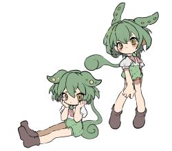 Rule 34 | 1girl, :3, blush stickers, boots, brown footwear, clone, closed mouth, commentary request, green hair, green shorts, green suspenders, grey shirt, hair between eyes, hands on own face, highres, inkopico, looking at viewer, orange eyes, puffy short sleeves, puffy shorts, puffy sleeves, ribbon, shirt, short eyebrows, short sleeves, shorts, sitting, voicevox, white background, zundamon