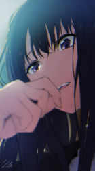 Rule 34 | 1girl, absurdres, artist name, black hair, blurry, blurry background, blurry foreground, chromatic aberration, commentary request, crossed bangs, depth of field, from below, gradient background, grey background, hair between eyes, hand to own mouth, hand up, highres, inoue takina, karashibushi, long hair, looking at viewer, lycoris recoil, parted lips, portrait, purple eyes, raised eyebrow, sidelocks, signature, solo, teeth, uneven eyes, upper teeth only