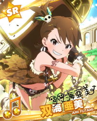 Rule 34 | 10s, 1girl, beamed quavers, brown eyes, brown hair, card (medium), chain, character name, character signature, futami ami, grin, hair ornament, hammer, idolmaster, idolmaster (classic), idolmaster million live!, musical note, official art, side ponytail, signature, smile, weapon