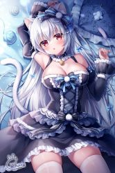 Rule 34 | 1girl, animal ear fluff, animal ears, armpits, bare shoulders, black dress, bow, cat ears, cat girl, cat tail, detached sleeves, dress, frilled dress, frills, hair bow, juliet sleeves, long hair, long sleeves, looking at viewer, lying, mitsuba choco, on back, original, parted lips, puffy sleeves, red eyes, solo, tail, thighhighs, very long hair, white hair, white thighhighs, yarn, yarn ball, zettai ryouiki
