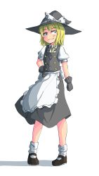 Rule 34 | 1boy, apron, back bow, black gloves, black hat, black ribbon, black skirt, black vest, blonde hair, blush, bow, brown footwear, buttons, closed mouth, commentary, cookie (touhou), frilled apron, frills, full body, gloves, hair bow, hat, hat bow, highres, kinu (cookie), kirisame marisa, kurotsuki hiiragi, looking to the side, male focus, mary janes, neck ribbon, puffy short sleeves, puffy sleeves, ribbon, shirt, shoes, short hair, short sleeves, simple background, skirt, skirt set, smile, socks, solo, standing, touhou, trap, vest, waist apron, waist bow, white apron, white background, white bow, white shirt, white socks, witch hat, yellow eyes
